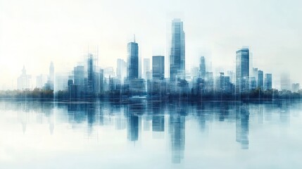 Obraz premium Modern city skyline reflected in calm water.