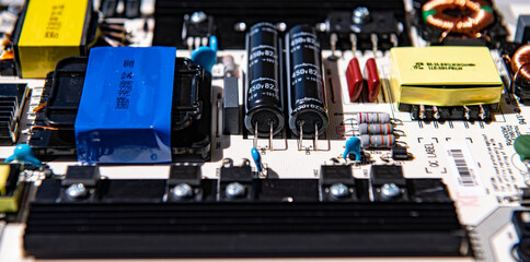 Electronic computer hardware technology. Tech service. Motherboard digital chip. Circuit board with electrons. Motherboard. Electronic circuit board close up.