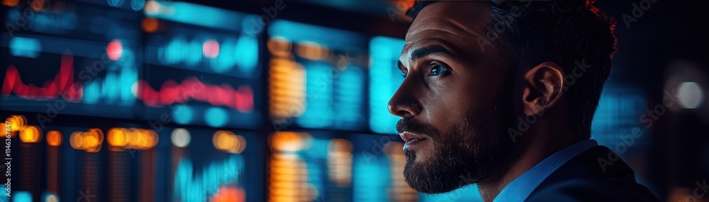 Aufkleber focused businessman analyzing data on multiple screens.