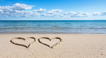 Celebrate a romantic honeymoon or Valentine's Day on the beach with two hearts etched in the sand, ideal for a tropical escape for couples, representing love, generated by AI.