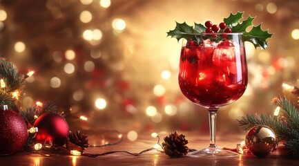 A festive Christmas-themed cocktail in a vibrant red color, adorned with holly and pine leaves 