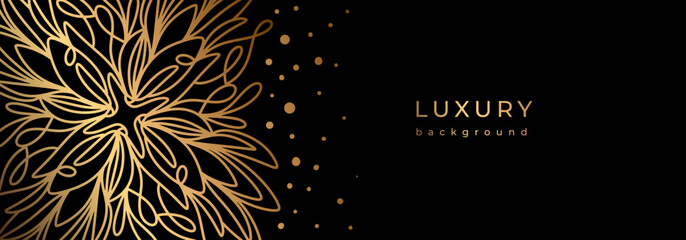 Luxury golden banner with geometric ornament. Golden snowflake pattern on black background