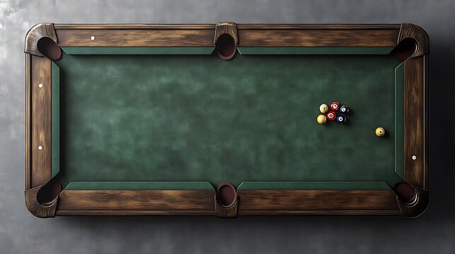 A pool table with some balls on the green felt. Dark wooden sides.

