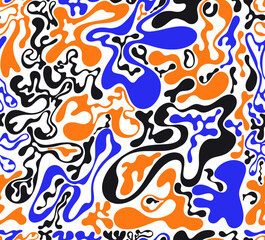 Seamless pattern psychedelic groovy trippy y2k retro colored. Vector wavy and swirled brush strokes seamless pattern. Template abstract liquid background for packaging colored design and advertisement