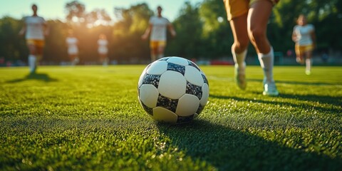 Stop the action, the soccer ball is lying on the grass in the field and is kicked hard by the soccer player's foot.