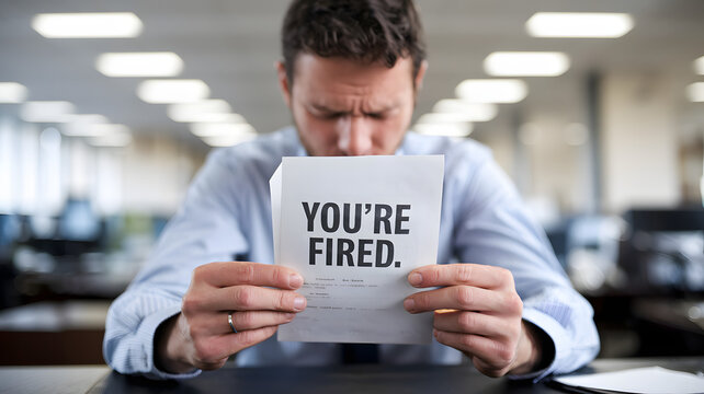 Distressed man sitting at desk holding letter symbolizing layoff notice, reflecting emotional response to job loss in professional office setting.