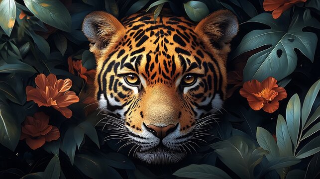 Jaguar Portrait Hidden Among Lush Tropical Foliage