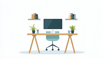 An illustration of an office space with a retro color scheme, blending vintage and modern elements to create a unique and creative work environment, perfect for interior design, office decor, and work
