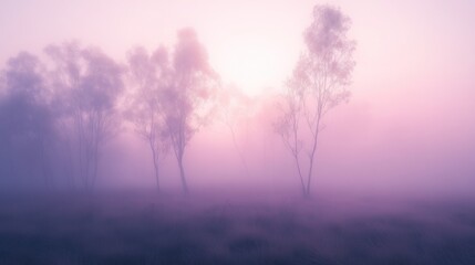 Obraz premium A serene misty landscape with trees silhouetted against a soft, pastel sunrise.