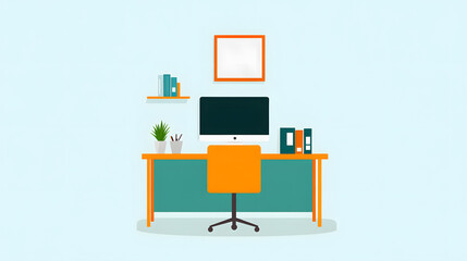 An illustration of an office space with a retro color scheme, blending vintage and modern elements to create a unique and creative work environment, perfect for interior design, office decor, and work