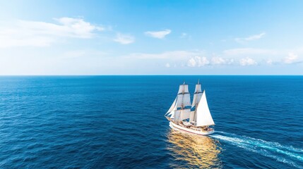 Classic sailing ship on calm ocean.