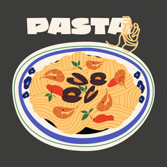 Traditional Italian cuisine. Cute vector retro traditional products and dishes, pasta and seafood risotto. A dish with seafood, shrimp, mussels and greens