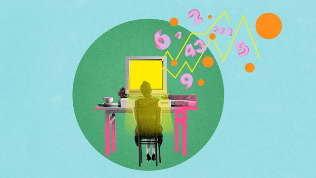 Woman working at desk with abstract graphs and numbers around her, representing data analytics and tracking financial trends. Concept of business, accounting, finances, economy. Conceptual design.