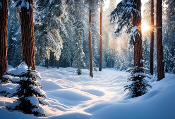 enchanting winter wonderland scene showcasing snow covered forest glimmering icicles majestic pine trees under soft winter sunlight, nature, landscape, idyllic