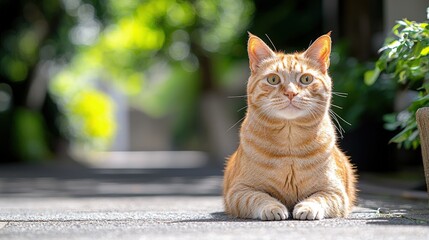 Orange tabby cat sitting outdoors on sunny day.