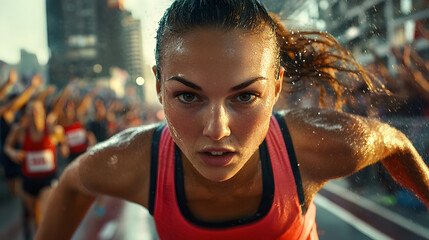 Focused athlete running in city marathon.