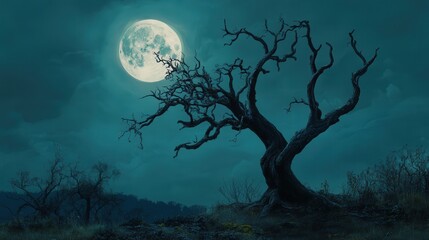 Beneath the pale moonlight, a dead tree stands with its crooked branches reaching towards the sky.