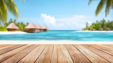 Fototapeta premium A photo mock-up of a tropical beach paradise showcasing a wooden table, palm tree, blue sea waves, Maldives background, summer wallpaper, dream vacation, and island holiday.