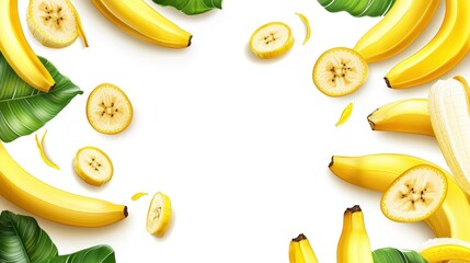 A vibrant arrangement of bananas and banana slices, surrounded by green leaves, creates a fresh and tropical border on a white background. The bright colors and natural elements highlight their appeal