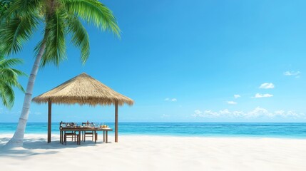 Fototapeta premium Depicted in this image is an exquisite dining setup on a tropical beach. A wooden structure with white curtains shades and shelters an intimate dinner for two, facing the clear blue waters.