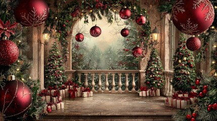 Festive Christmas balcony scene with red ornaments, trees, and gifts.