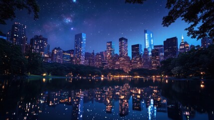 Fototapeta premium nyc skyline night reflection central park