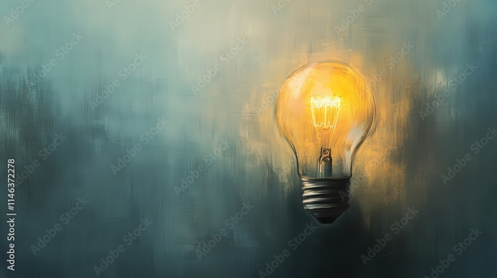 Poster a light bulb with a warm, soft glow, gently radiating into the surrounding space, creating a soothin