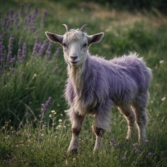 A lavender-furred goat-cub standing on green grass, blurred wildflowers in the background.