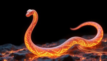 Obraz premium 4K HD Wallpapers Abstract Glowing Snake With Fractal Skin, Slithering Across A Dark Glowing Terrain. Desktop Wallpaper HD. HD Backgrounds