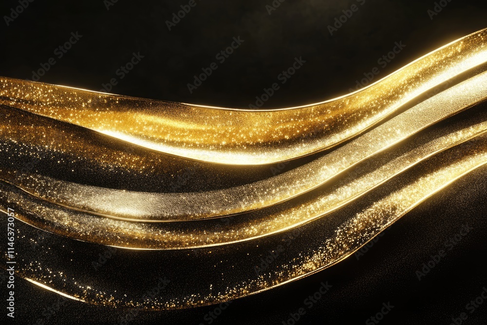 Poster elegant golden waves shimmer with glittering particles on a dark background, creating a luxurious an
