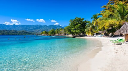 Fototapeta premium The peaceful Matira Beach in Bora Bora features a lagoon paradise with vibrant turquoise waters and a panorama of verdant islands.