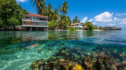 Obraz premium Seaside resort with overwater bungalows, a stunning turquoise lagoon, and lush palm trees.