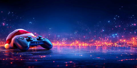Holiday Gaming: Controller with Santa Hat on Cityscape