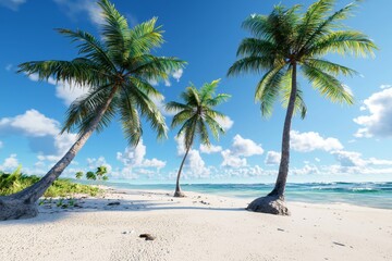 Obraz premium A tranquil beach featuring golden sand and palm trees.