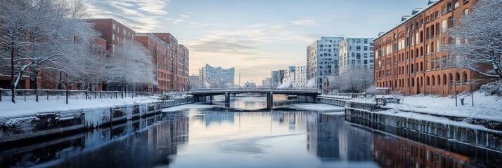 Naklejka premium Scenic winter canal view with snow-covered trees and buildings reflecting in calm water under a clear sky.