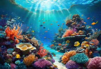 Naklejka premium vibrant underwater coral ecosystems displaying explosion colorful marine life rich biodiverse environment, reef, biodiversity, ocean, fish, algae, tropical