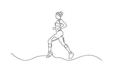 Continuous single drawn one line girl on a run, single continuous line drawing of a young woman athlete running fast.Sport running woman concept of sports, fitness, athletics, running.