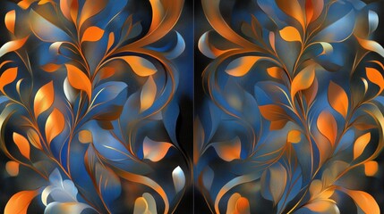 Colorful abstract pattern of swirling leaves and vines on a dark background showcasing vibrant...