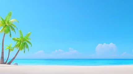 Obraz premium A sunny beach with swaying palm trees and turquoise waves.