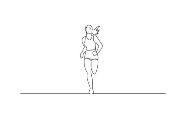 Continuous single drawn one line girl on a run, single continuous line drawing of a young woman athlete running fast.Sport running woman concept of sports, fitness, athletics, running.
