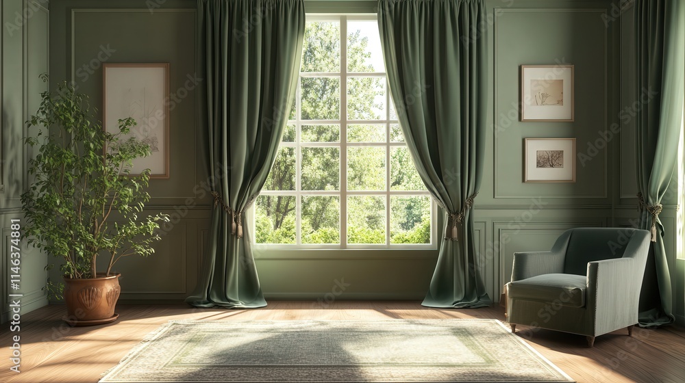 Poster Deep green curtains with a refined texture frame a large window, adding both depth