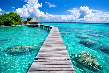 Fototapeta premium A footbridge made of wood connects to a tropical bungalow above a turquoise lagoon in the Maldives.
