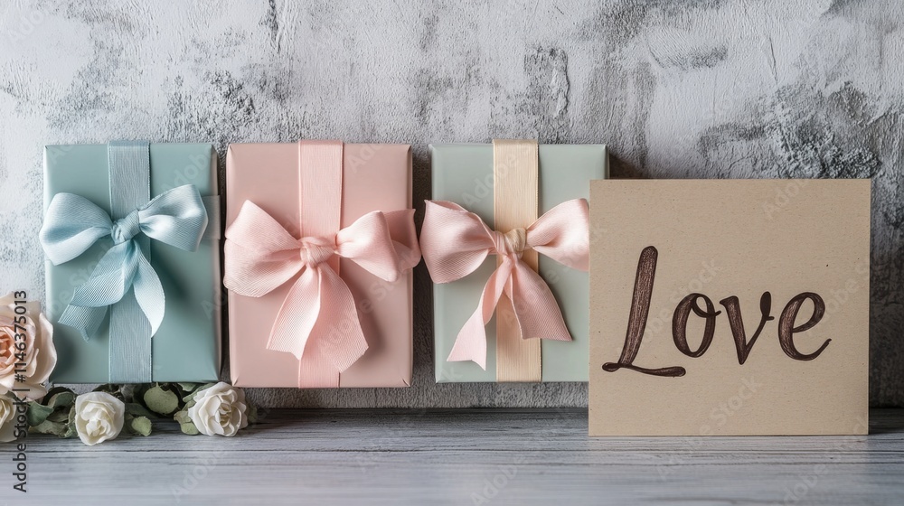 Poster three elegantly wrapped gifts in pastel colors are displayed alongside a card that features the word