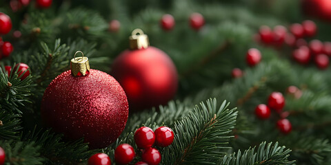 Fototapeta premium Red Ornaments Decorate Festive Fir Tree Branches
