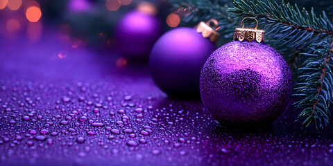 Fototapeta premium Purple Christmas Ornaments Sparkle Brightly on a Festive, Wet Surface