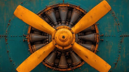 Close-up of a vintage aircraft propeller with a weathered background.