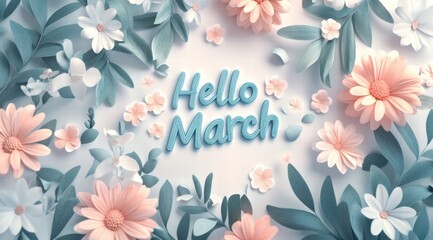 A pastel-colored composition, surrounded by spring flowers and leaves, features the words "Hello March"