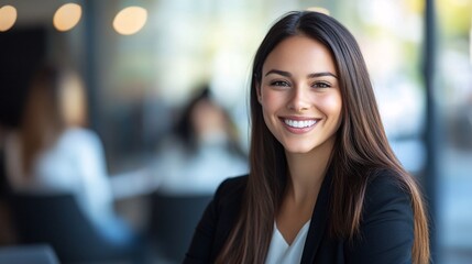 Obraz premium Smiling businesswoman posing in modern office: successful female executive in corporate environment