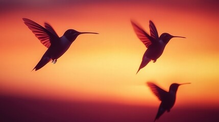 Obraz premium Hummingbirds in flight, their wings beating rapidly against a radiant sunset sky,
