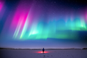 Man with red flashlight standing on snowy field against the backdrop of incredible starry sky with...
